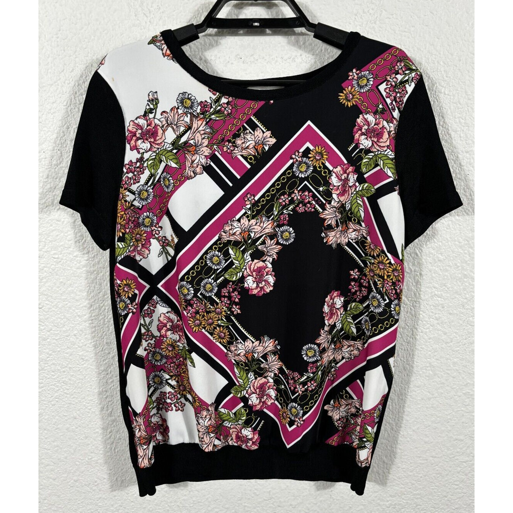 Joseph Ribkoff Top Womens Medium Black/Multi Floral Style 211926 Short Sleeve
